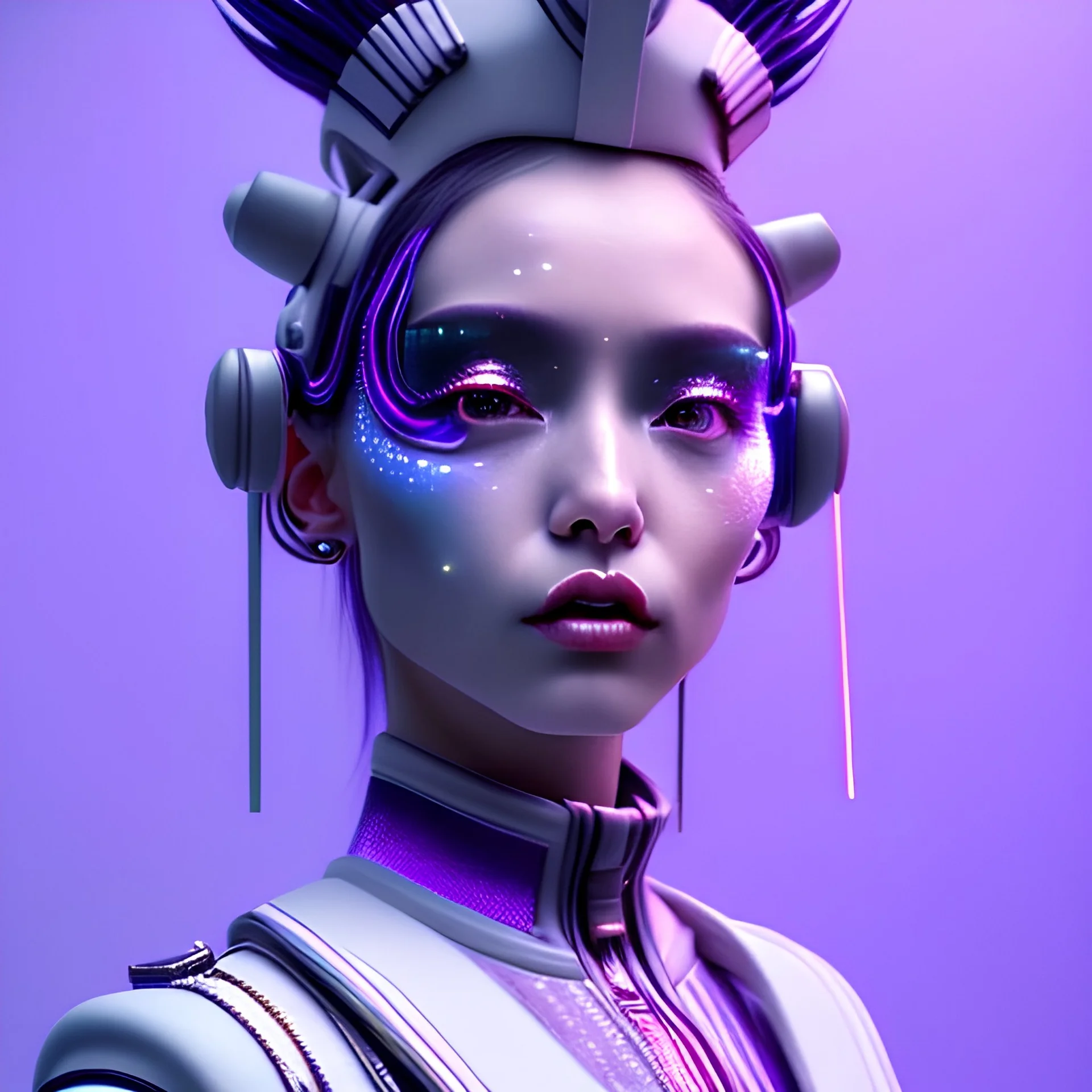 Cyber teenager, color makeup, purple hair, rounded face, geisha style hair, white skin, pattern dress, velvet, vibrant color, cyberpunk style, highly detailed, art stations, concept art, smooth, unreal engine 5, god rays, ray tracing, RTX, lumen lighting, ultra detail, volumetric lighting, 3d, finely drawn, high definition, high resolution, gradient background