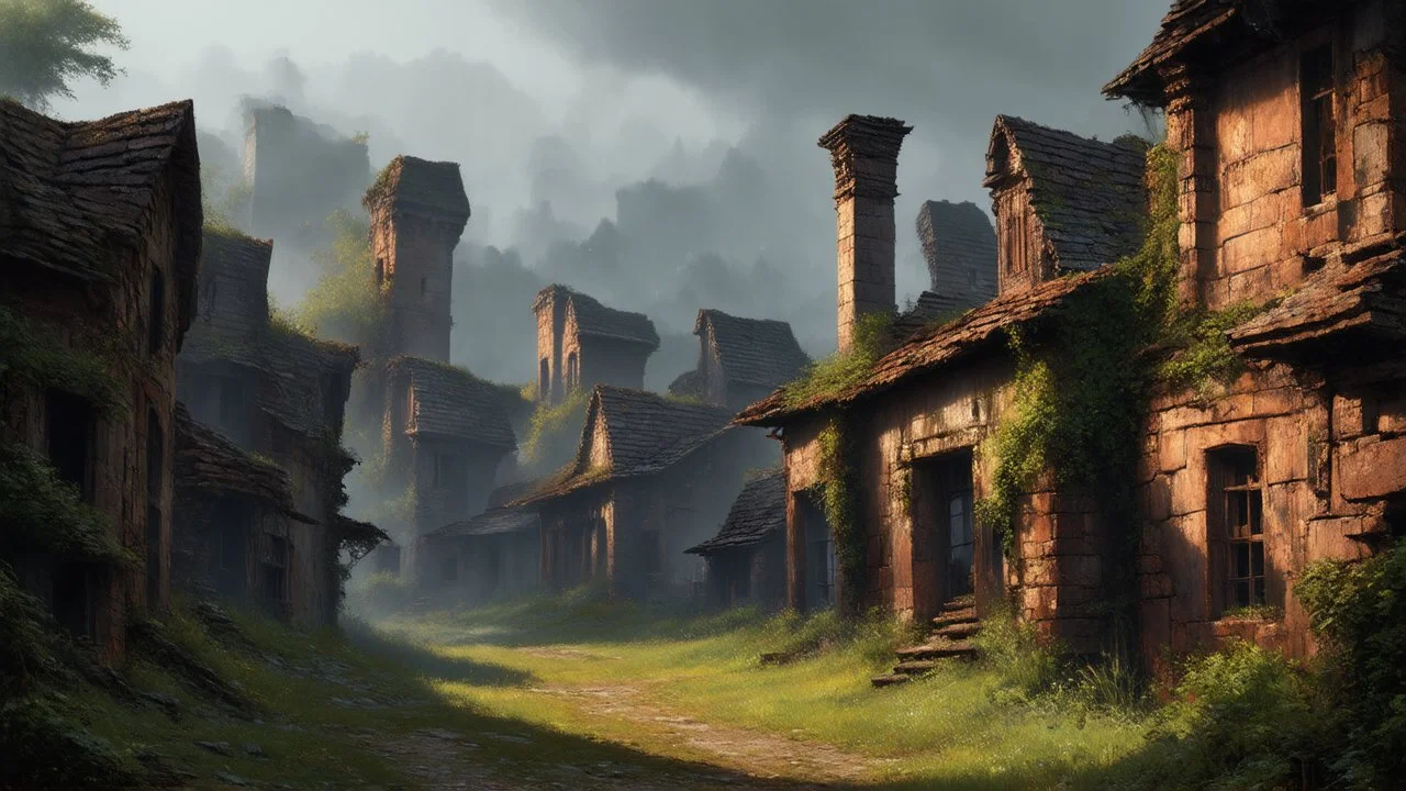 An ancient village decayed with rust and corrosion, detailed ruins, atmospheric lighting, overgrown vegetation, abandoned structures, medieval architecture, cinematic, highly detailed digital painting by Thomas Kinkade and Greg Rutkowski, 8k resolution, moody ambiance, misty background, nature reclaiming the village