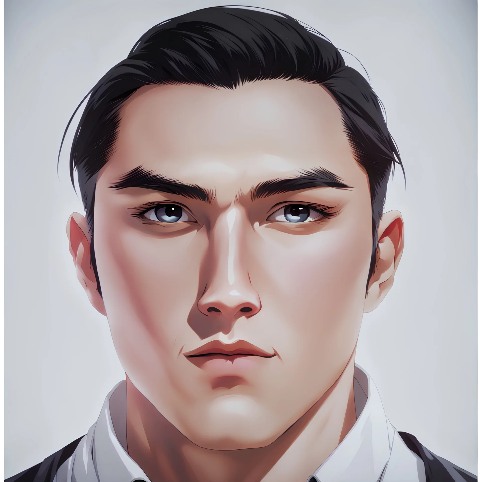 mysterious youthful Russan male, man, dark and intriguing, confident, intense, handsome, anime style, retroanime style, dark black short hairs, white shirt, white paint background, white man, The head looks straight ahead