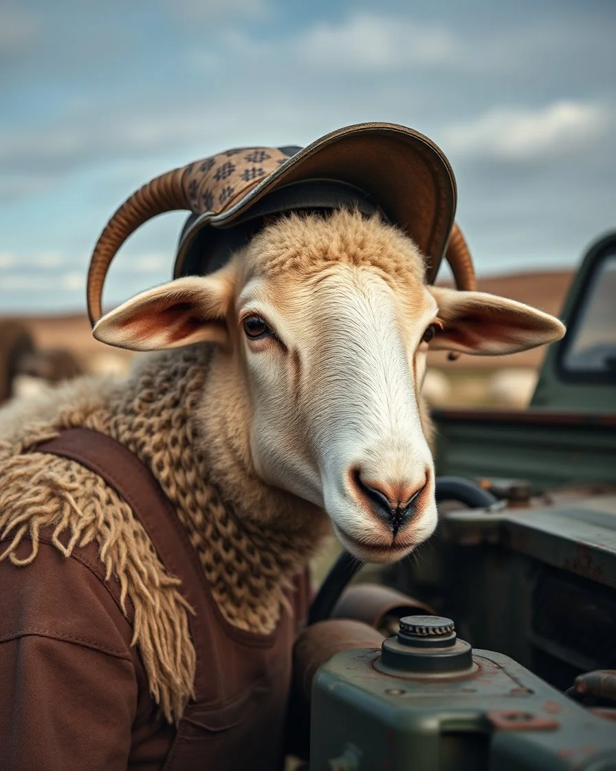 a portrait with the head of a mechanic, with a hybrid mixed body part sheep, fixing (close up old land rover 4x4) in the countryside