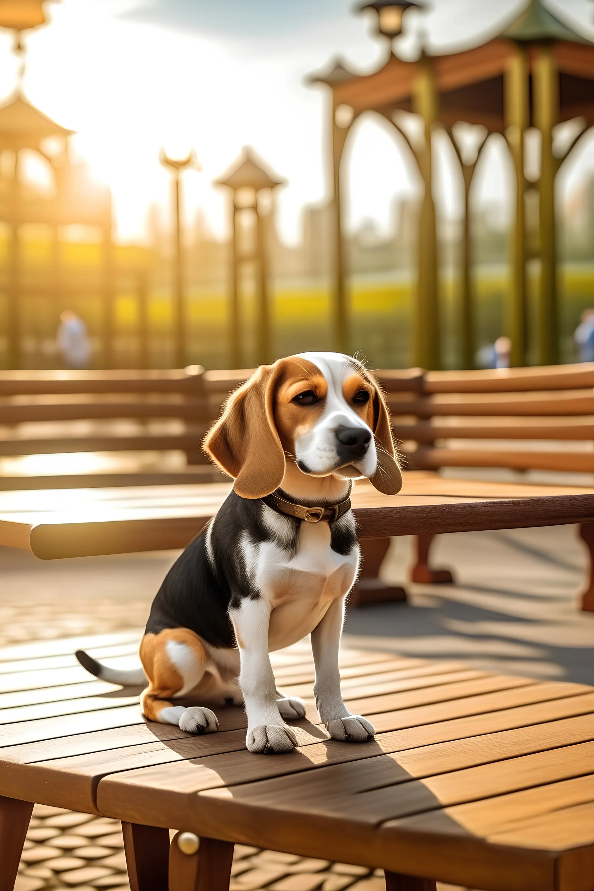 In einer Morgenstimmung sitzt ein Beagle auf einer Holzbank. Im Hintergrund sieht man einen Freizeitpark.