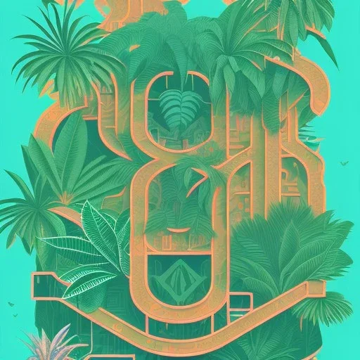 tropical city, latino, plants, streets, risograph poster, flat design, 2 colors