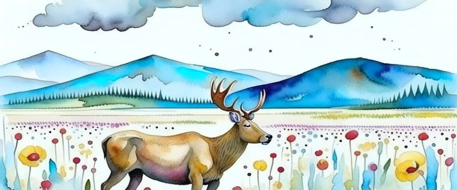 an Elk off-center in a prairie field, canola plants hinted in corners of foreground, realistic fantasy watercolor illustration,