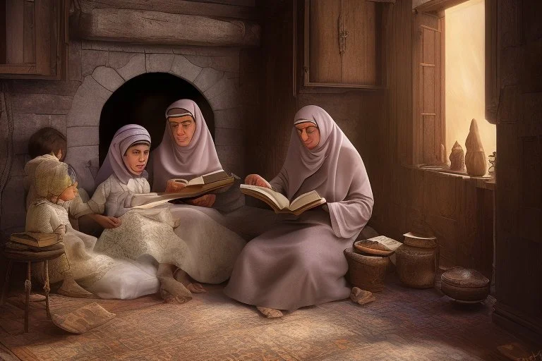 A close-up scene of an Arab mother reading the story from a book with her children around her in the room of the old wooden house near the fireplace 100 years ago.