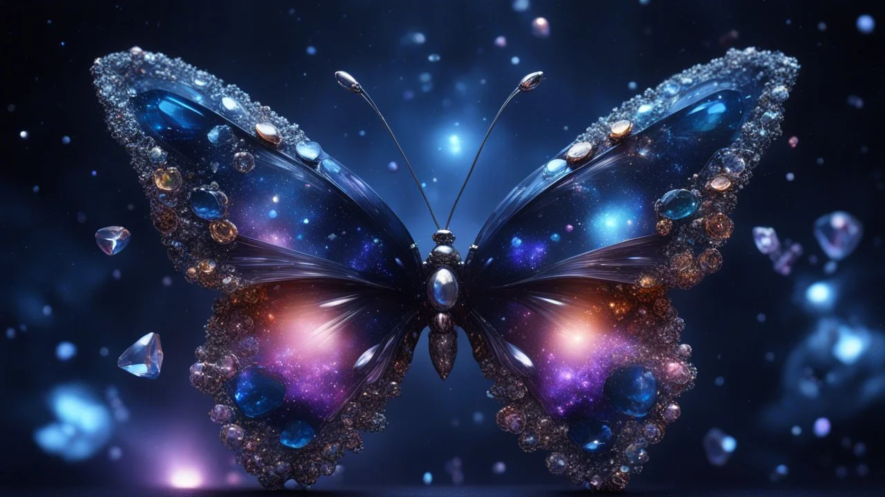 crystal butterfly made of gems made of many different colours, dark blue nebula galaxy in background, amibent mood,16k resolution photorealistic, masterpiece, height contrast, depth of field, breath-taking intricate details, realistic and lifelike cgi, dramatic natural lighting, reflective catchlights, high quality CGI VFX fine art