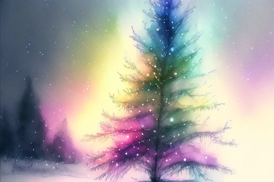 Christmas tree in the backyard, snowing, coloured bioluminescent light strings, misty evening, sunset smooth intricate beautiful lighting pencil sketch watercolor polished Soft focus warm light watercolor and ink