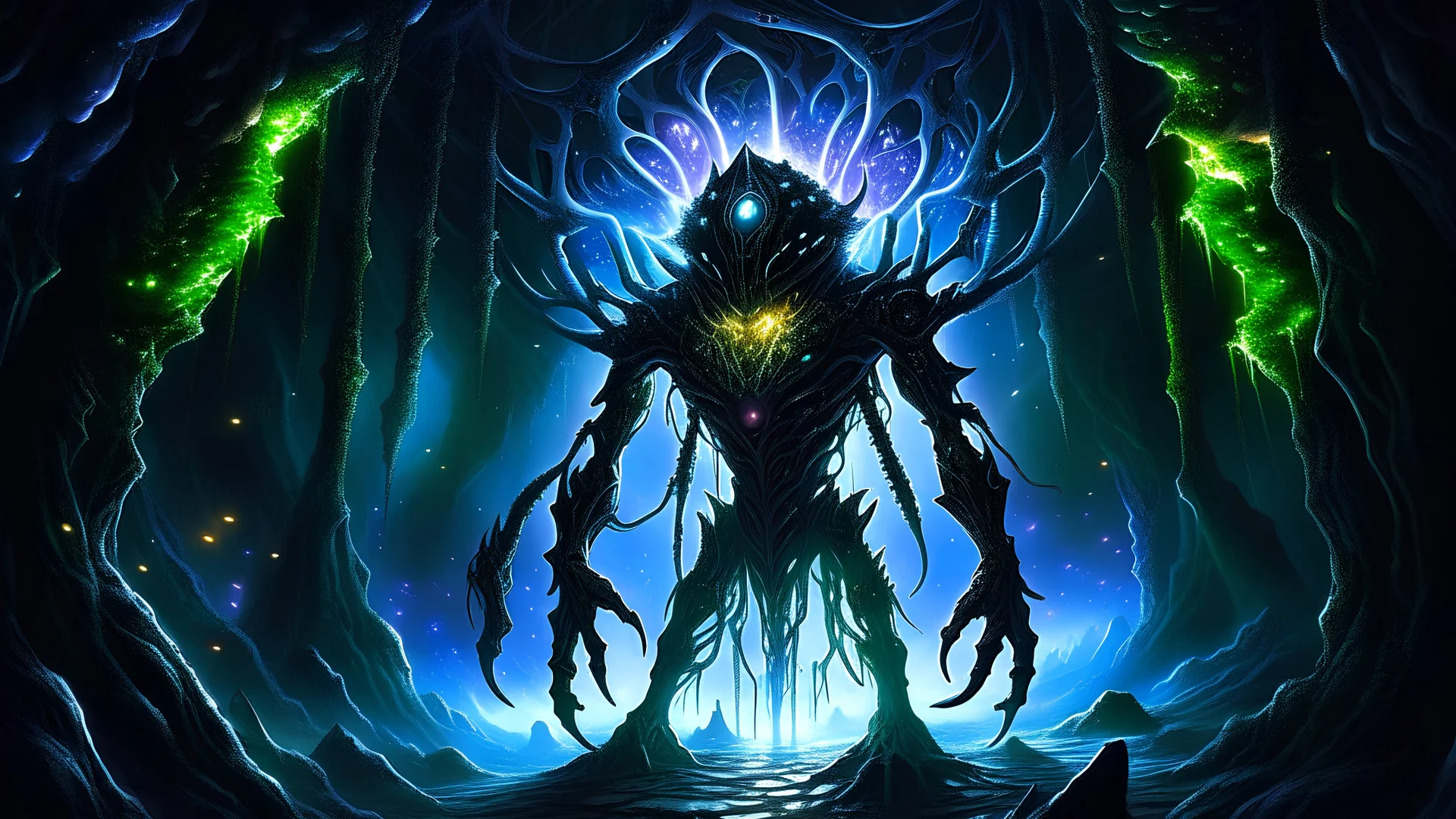 Amidst the dim glow of a subterranean cave, the imposing figure of Mattermaw stands tall, its metallic exoskeleton glistening with an ethereal luminescence. Surrounding the monstrous technorganic creature, a sprawling network of intertwining tendrils and pulsating nodes create an otherworldly biomechanical environment. From the shadows emerge a legion of drones, each intricately designed, their multifaceted forms echoing the complex harmony of the cave's techno-organic embrace