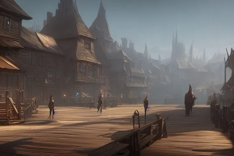 Wooden medieval fantasy docks in town, daytime, light shafts,