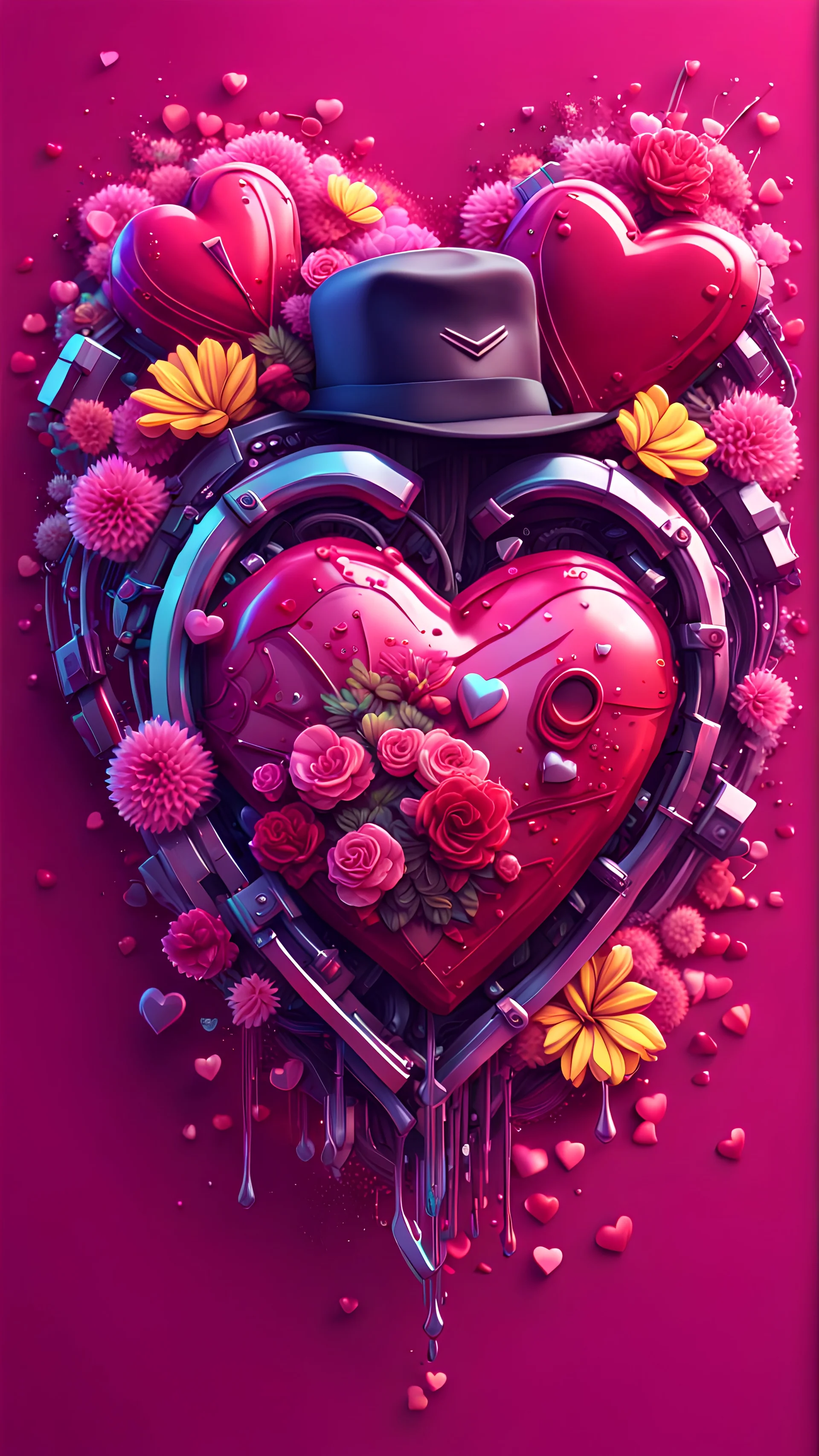 Cyberpunk valentine 3D illustration of heart tshirt design flowers splash tshirt design, advertisement, art, autumn, background, banner, card, cartoon, happy, hat, holiday, illustration, smooth 3d digital art, exquisite thee-dimensional rendering, 4K, blender, c4d, octane render , disney style 3d light, Zbrush sculpt, concept art, Zbrush high detail, pinterest Creature Zbrush HD sculpt, neutral lighting, 8k detail
