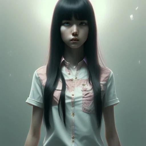 Japanese girl with big brown eyes and long black hair with bangs, cute, beautiful, high quality, insane detail, by Greg Rutkowski, straight bangs, asian, pink shirt