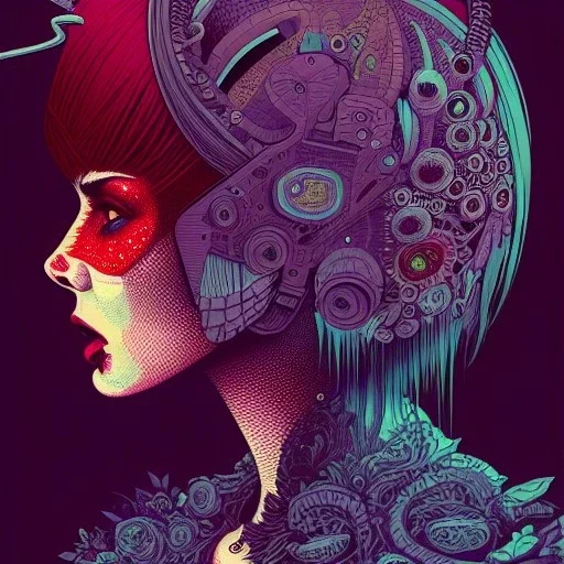 beautiful punk girl, hyper detailed, hyperdetailed, intricately detailed, illustration by <kilian eng>, purple tones, darkred tones,