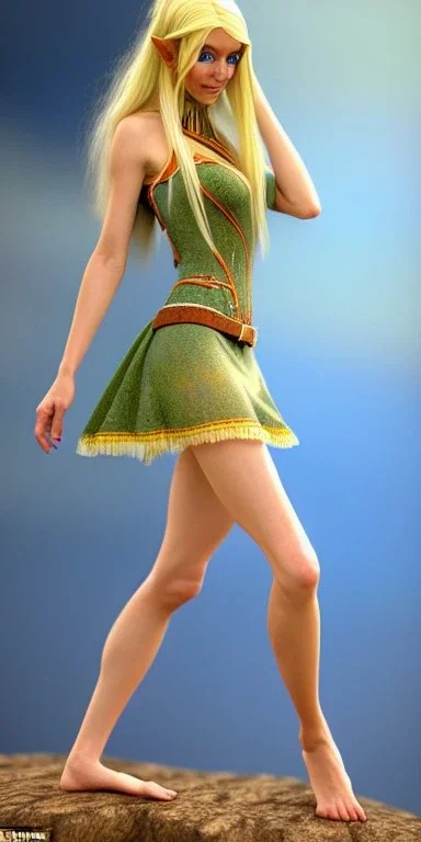 A long shot, Cute elven female adventurer with blonde hairs ears out dressed in a light sundress and with bare feet on the floor, posing frontally, in style of Cedric Peyravernay Art, microdetails, ultradetailed --ar 2:3 --beta --upbeta