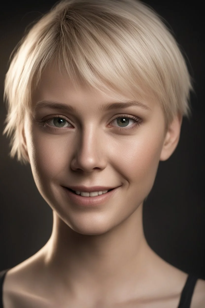 Chiaroscuro lighting, deep shadows, rich deep colors, facial portraits, 8K Ultra-HD, Hyper Realistic, Photorealistic, Realistic, focused, Clear, Extremely Detailed, beautiful, Cinematic, proportionate, full color, headshot image of a smiling young woman with short, pixie-cut bleach-blonde hair, tapered on the sides, wearing a pair of blue round lensed glasses, and a pink and blue button t-shirt, big happy smile, a foggy, cloudy blue background