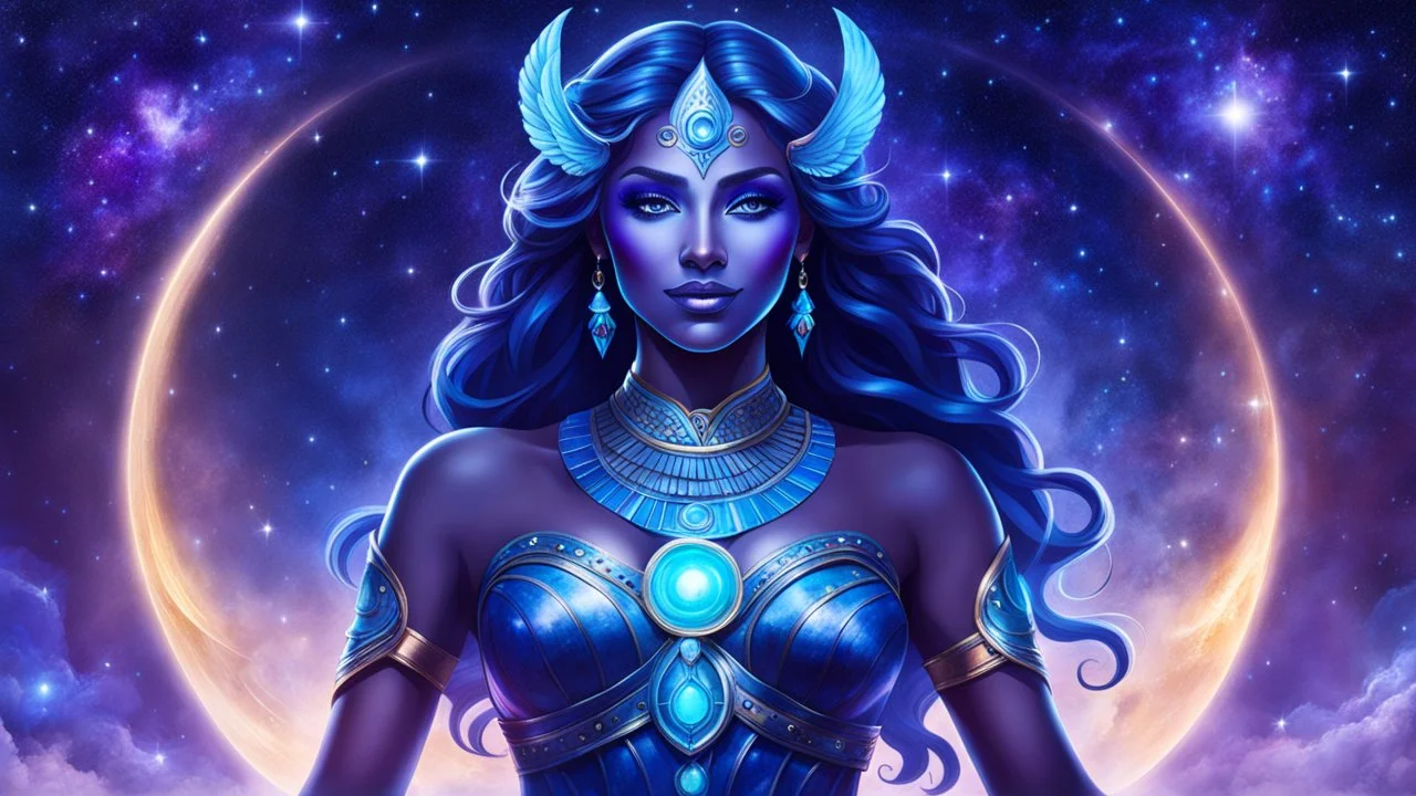 Full body portrait of a peaceful smiling guardian Goddess of the galaxies with a blue indigo purple skin, high skul, luminous eyes