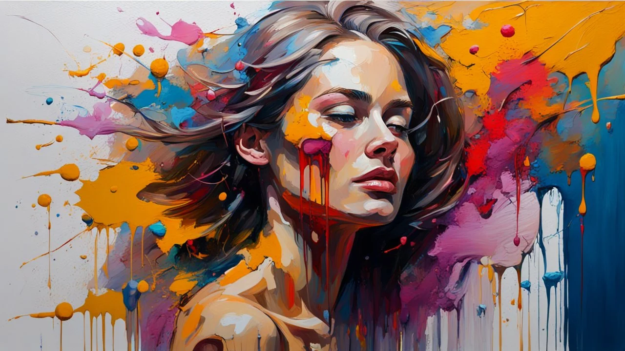 Painting with a dense palette, oil on canvas, hard strokes, paint drips, paint splashes. Woman