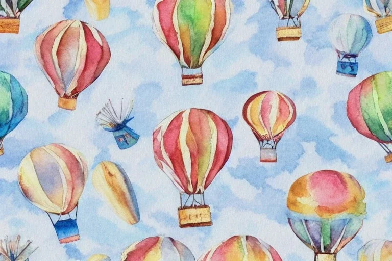 giftwrap pattern with watercolor of a hot air balloon, children's book illustration, white parchment paper, wrapping paper