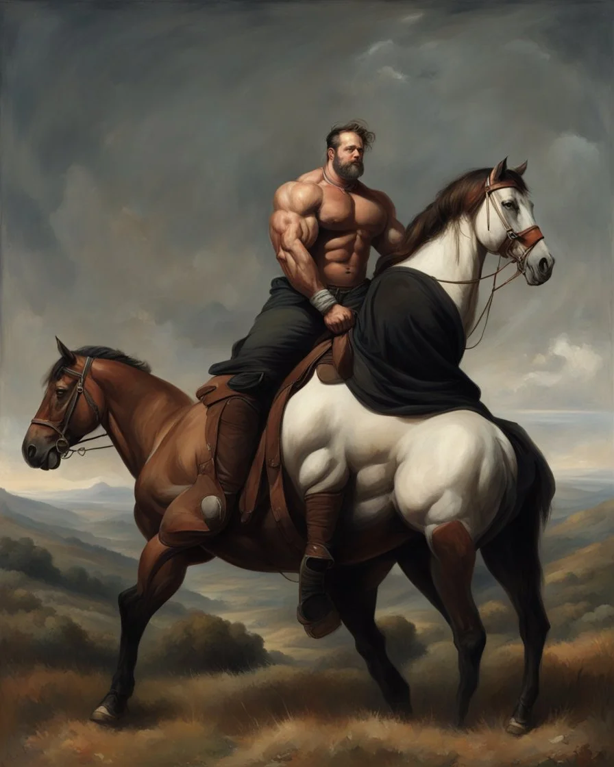 a big muscle man sitting on a horse in hills like a 19th painting