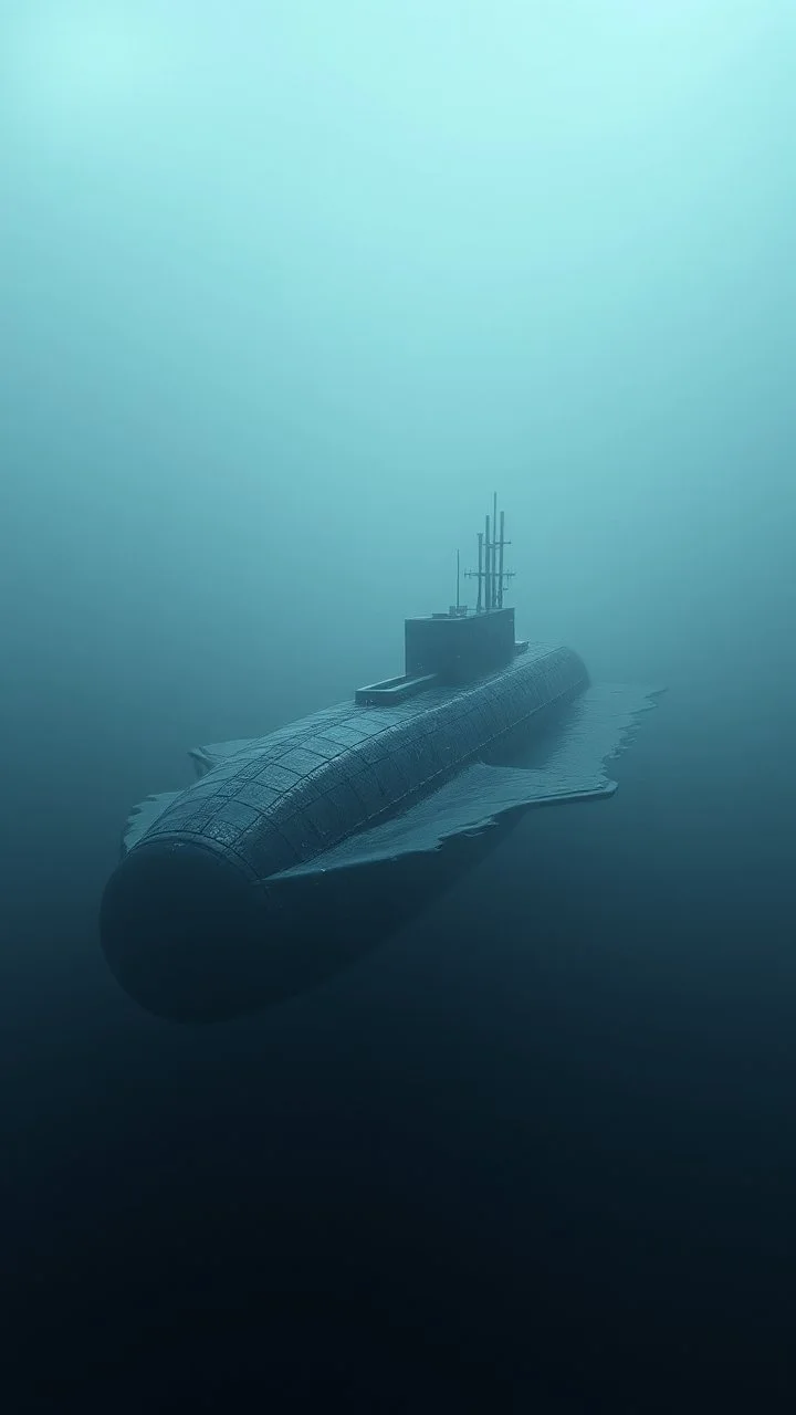 ,surrealism of the dark of a nightmare , hyper photorealistic, hyper detailed bright art color, high resolution, fog, octane render, tilt shift, HDRI Environment, all pictures gray, an American modern submarine under the ocean water