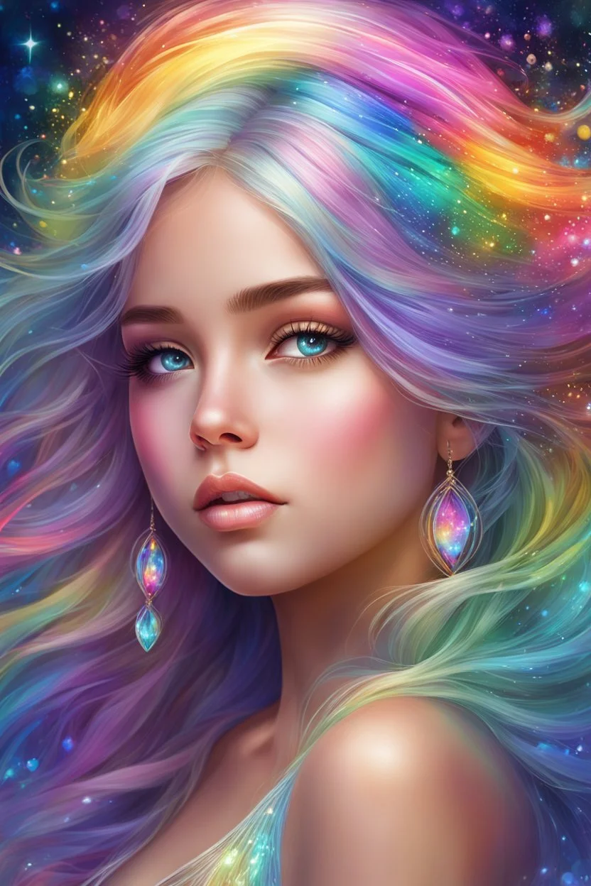 Adorable digital painting style. Pastel hues adorn her every trace, A rainbow girl with a shimmering embrace, Her eyes, glistening with dreams and grace, A vision of magic, lighting up any space. highly detailed, beautiful detailed digital art, beautiful artwork, very beautiful fantasy art, beautiful fantasy painting, digital art, dream, high quality, 4k, correct face structure, correct anatomy