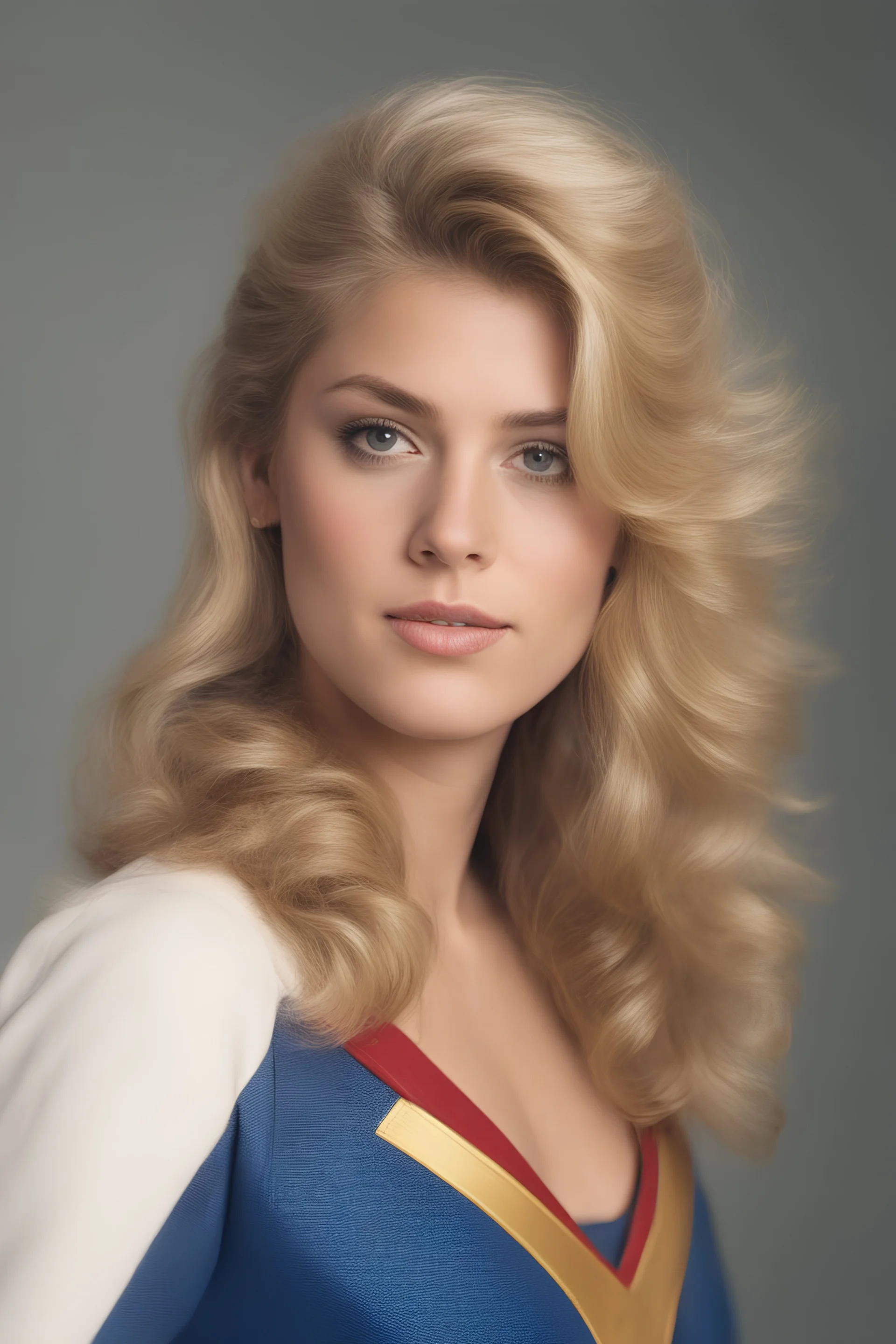 1980's yearbook photo, teenage girl, 18 years old, blonde hair, 80's hairstyle, Supergirl, photorealistic, --ar 9:16 --style raw