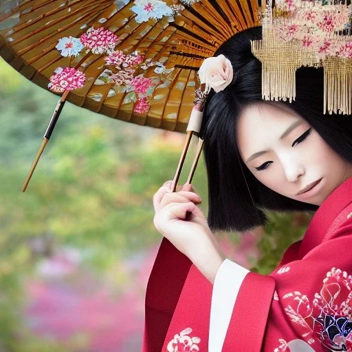 close up of stunning, gorgeous Japanese woman in traditional kimono with intricate flowers and jewels in hair, bamboo umbrella, mist, 8k, high-quality, ultrafine-detail, intricate, detailed matte, artwork, brian froud, howard lyon, anna dittmann, Greg Rutowski, alphonse mucha