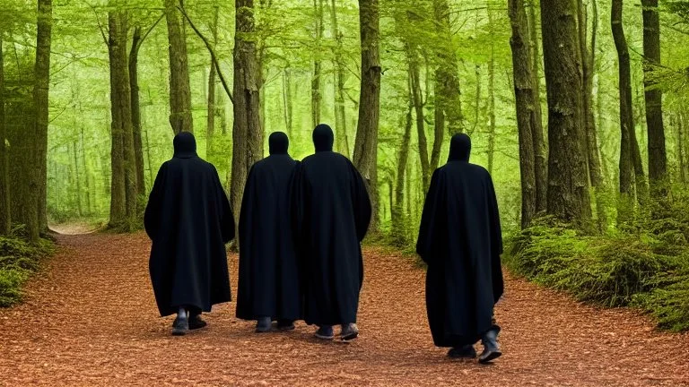 Black robed, hooded monks on the forest path