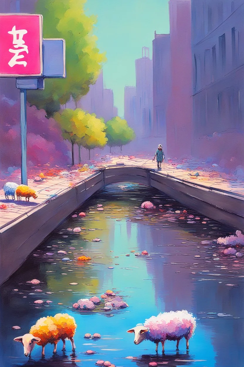 painting of a cyberpunk colourful natural walkway rubbish on the street in the city with pollution and a small bridge by a creek with electric sheep and androids by monet