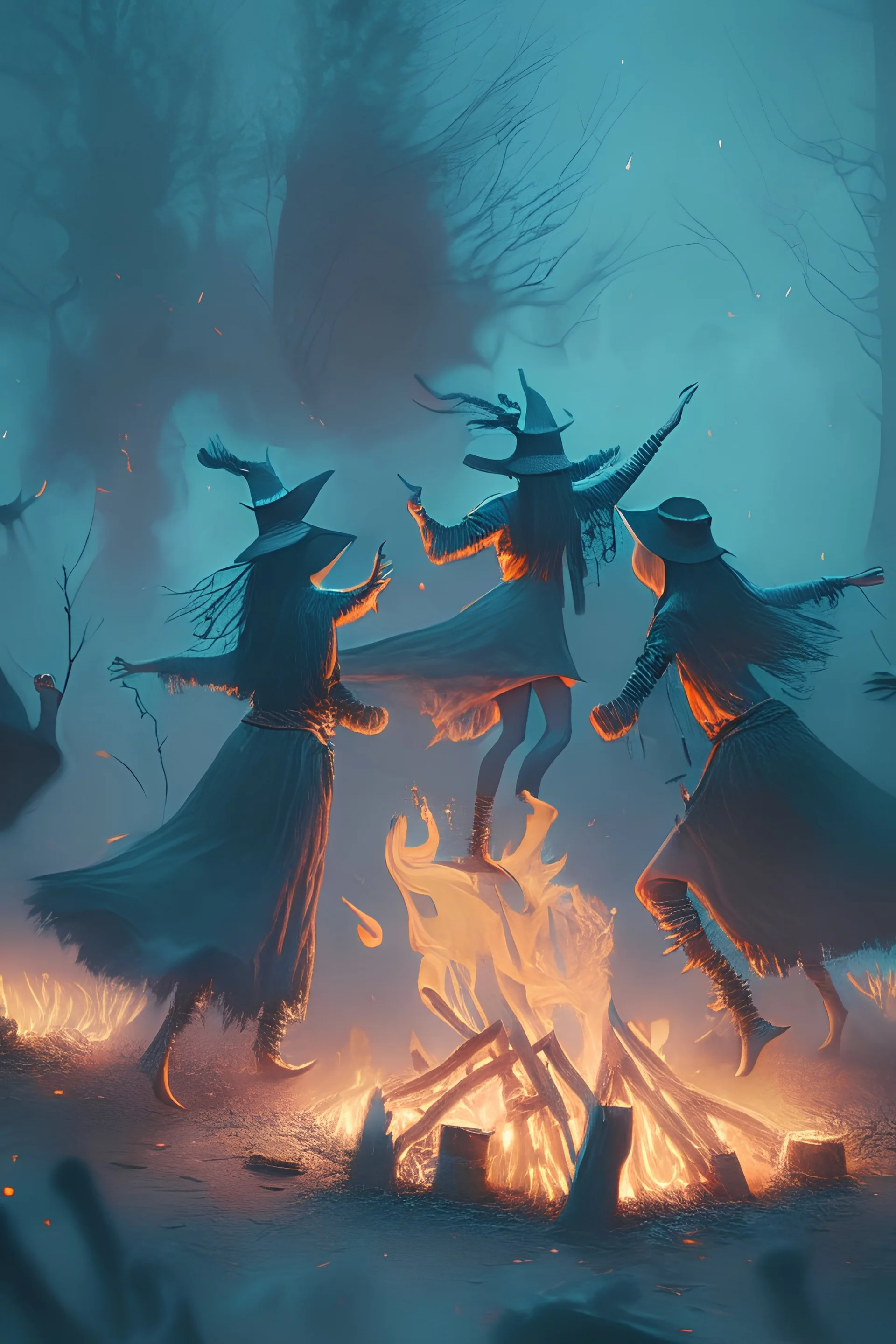 witches dancing around a bonfire, prehistoric forest, trending art, 8k, depth of field, volumetric fog, hi detail, spray paint