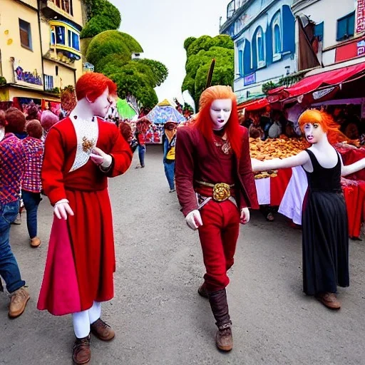 Three young teenagers with red hair, crowded busy street, stalls and carts with food and fruit, buildings made from wood and stone, festival, spellcasting, leather, form fitting,fantasy adventure, photorealistic, pristine, detailed faces, entertainers, dancing, singing, laughing, playing kid games, stealing, eating, bored, happy, excited, awestruck