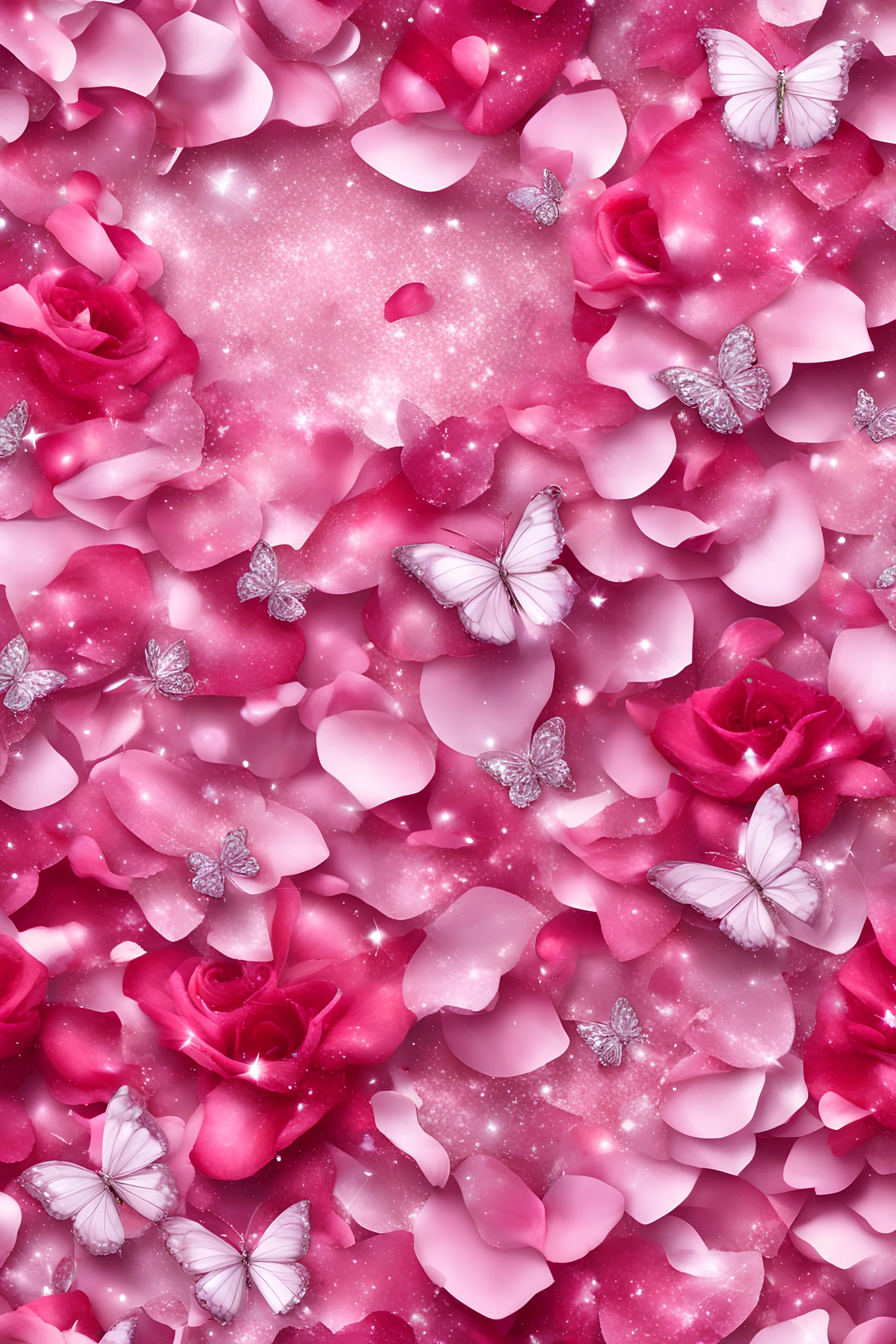 rose petals, pink crystals and diamond, sparkles and flowers, and butterflies background