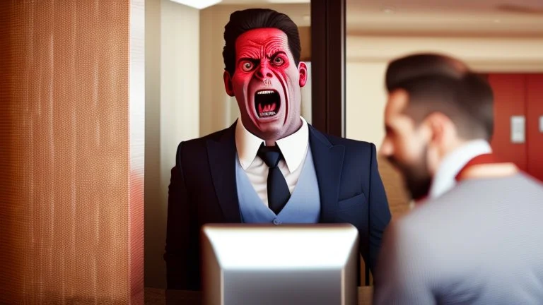 Hotel owner at front desk screaming at someone on the phone very red faced and almost crying while guests and other workers look afraid of him