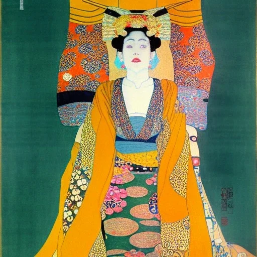 Retrato de cuerpo entero una Gheisha vestida con kimono muy guapa y voluptuosa con el estilo de Gustav Klimt