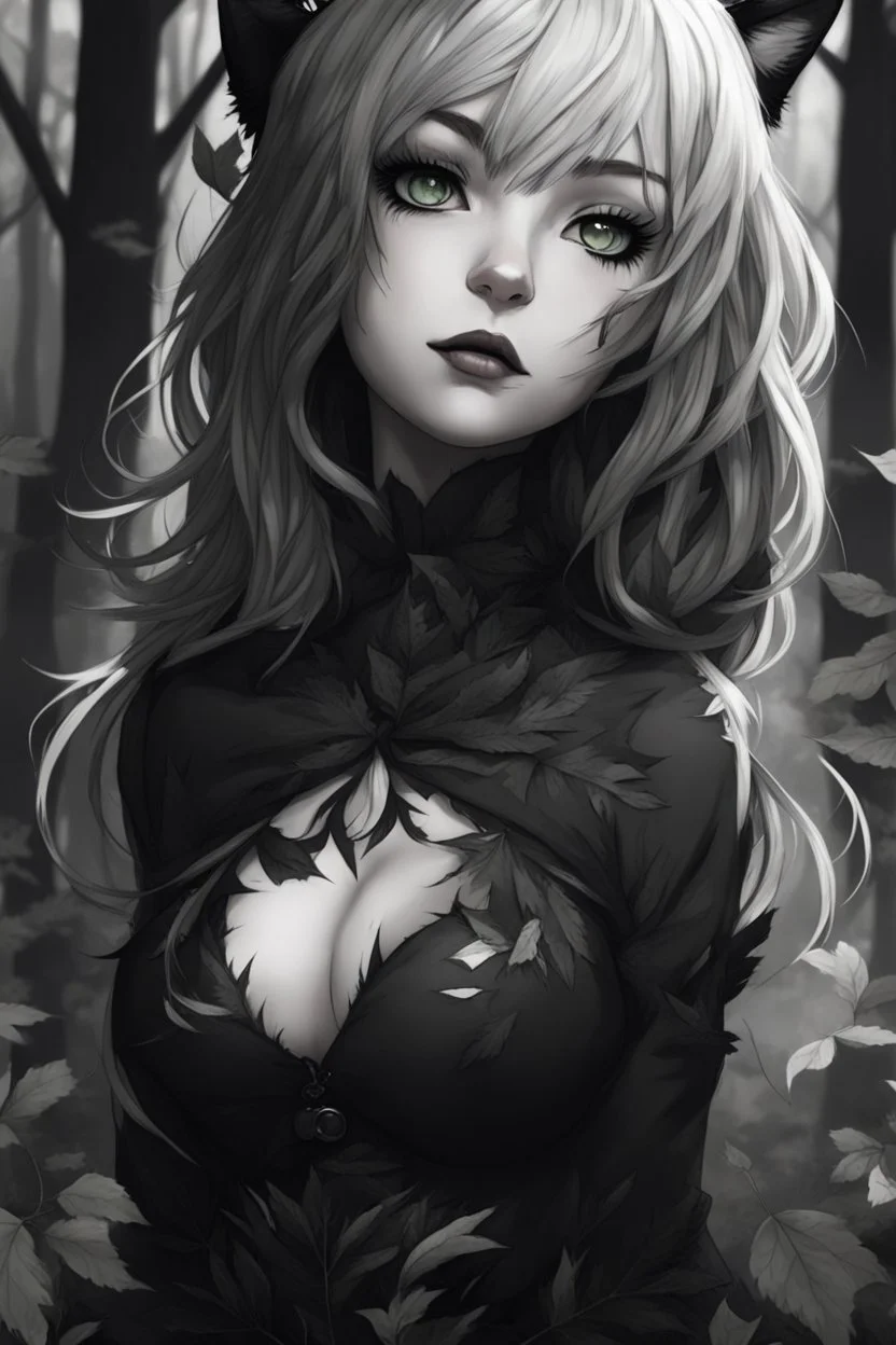 CAT GIRL, goth, forest, nature, cartoon, leaves, black and white hair, boobs, portrait, colour iamge