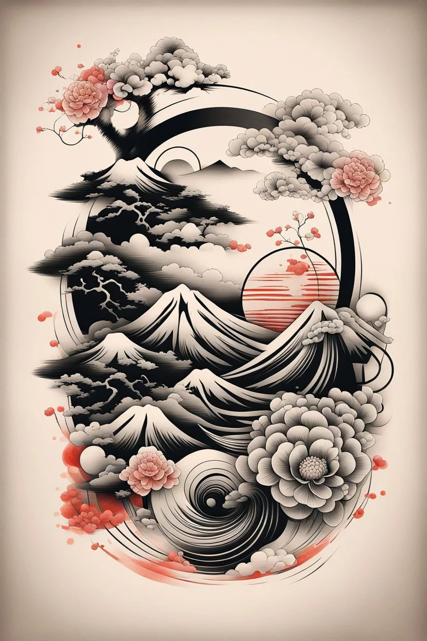 Create a captivating modern 2d Japanese tattoo design for print , using the elegant influences of japan art style, for print, dynamic elements from fashion and design, and bold Japanese art aesthetics, framing centered in the center, distanced from the edges of the paper perimeter, perfect anatomy, bauhaus, Divine Proportion,