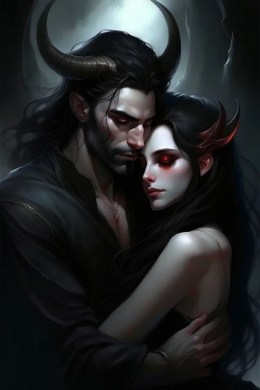 Paintinf, Beard, dark hair, demon prince, horns, handsome, mysterious, gentle, embracing a beautiful woman with long dark hair