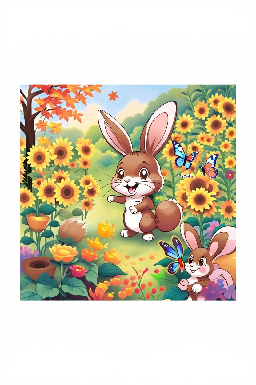 The cute bunny excitedly looks at a bright yellow sunflower in the colorful garden, the beautiful butterfly and the friendly brown squirrel are next to the bunny and smiling, child book illustration style, faces must be the same as reference image