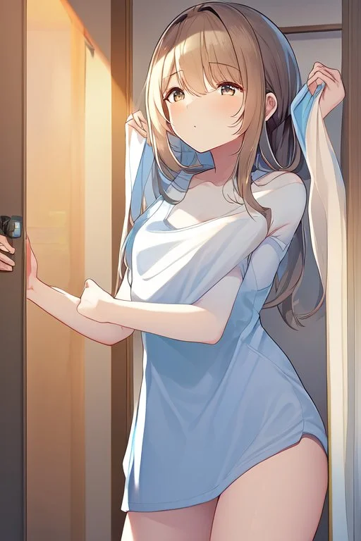 anime girl entering her room, wearing a towel