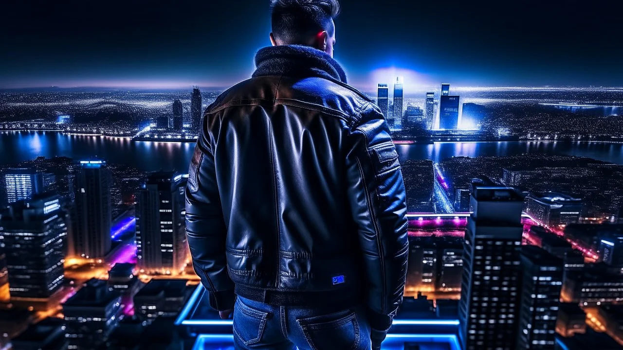 An Englishman in a bomber jacket standing at the top of a tall building looking across a city at night