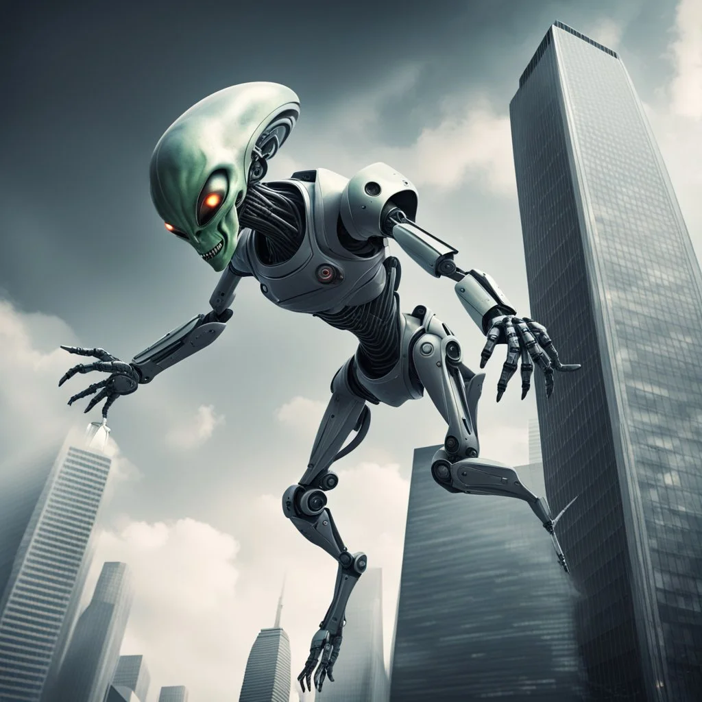 Alien robot attacking a skyscraper