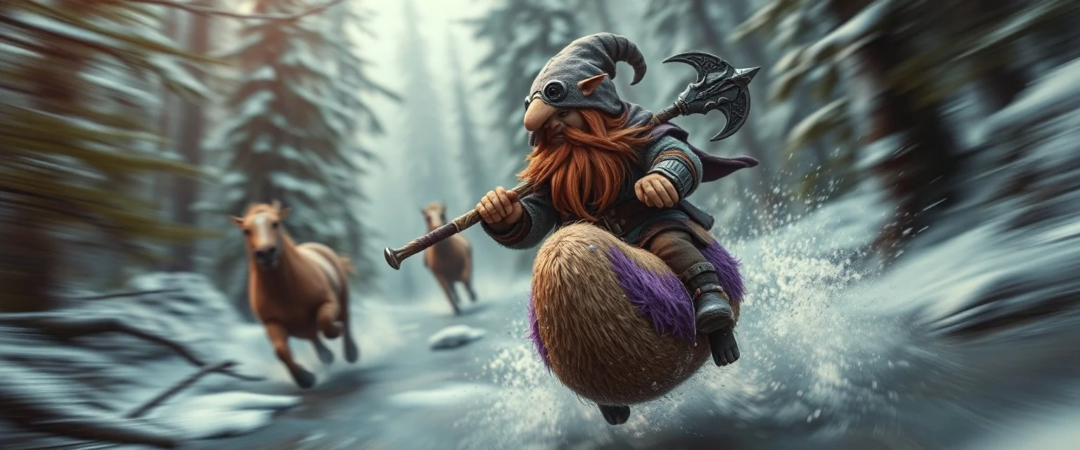 oil painting ,close up motion blur portrait of dwarf thief - Forgotten Realms dodging cyberpunk armored dwarf with war half moon spear hammer with spikes, riding tiny furry brown and purple flying hot dog above water and along winding branches in lush icy forest along speeding horses , bokeh like f/0.8, tilt-shift lens 8k, high detail, smooth render, down-light, unreal engine, prize winning