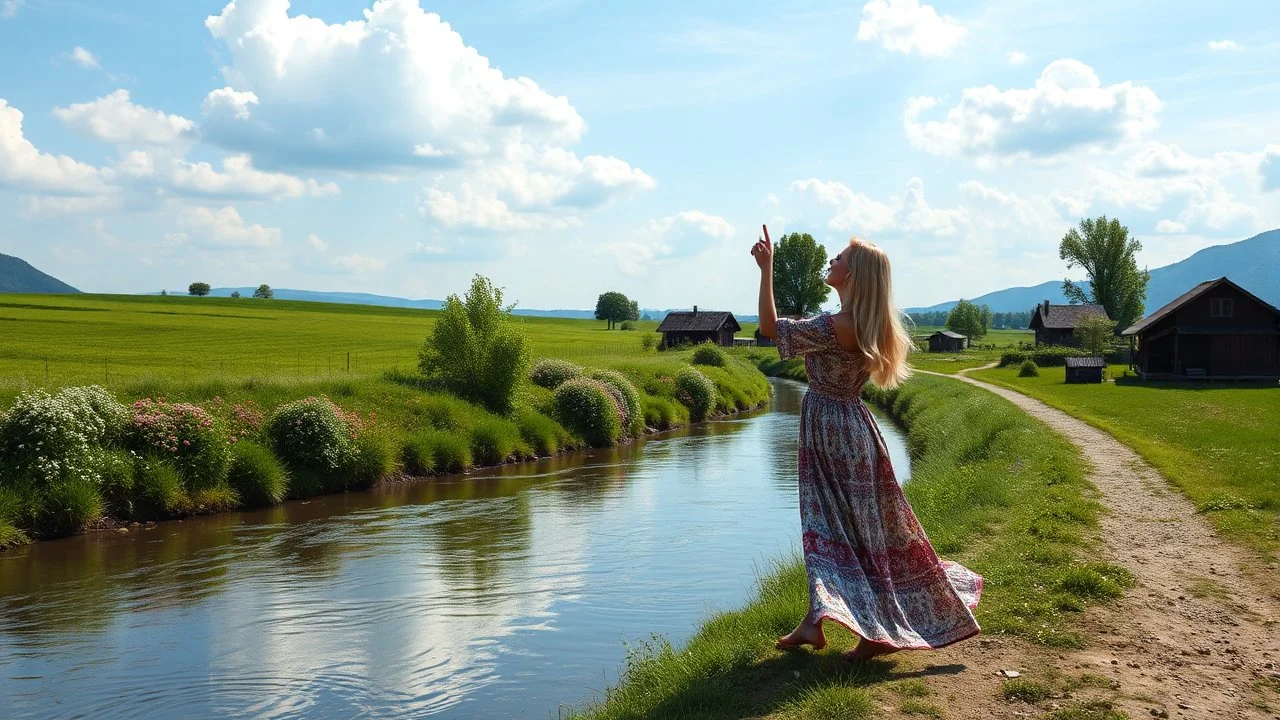 beautiful yaung german blonde lady is dancing and singing in country side next to narrow river ,flowers blosome pretty clouds in blue sky ,few nice trees and country houses