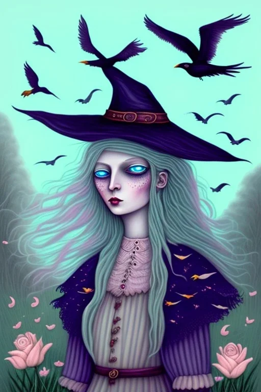 Friendly witch, playing with crows, perfect eyes, pastel colour, chalk, style Elisabeth Kreitz