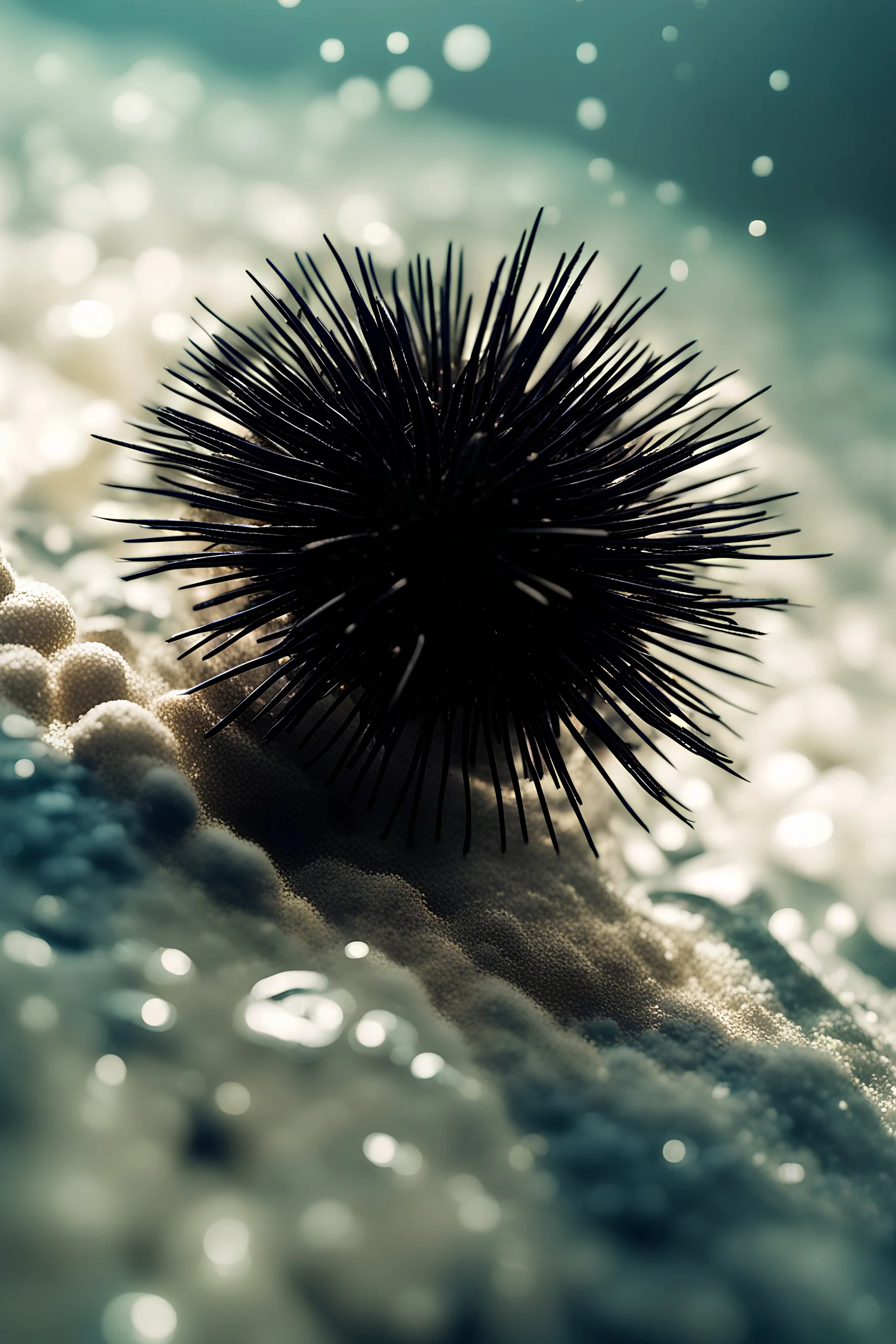 still life of a black sea urchin underwater, sunlight, full view no crop, white background, beautiful composition, blurred foreground, very detailed, realistic composition, anime manga art style