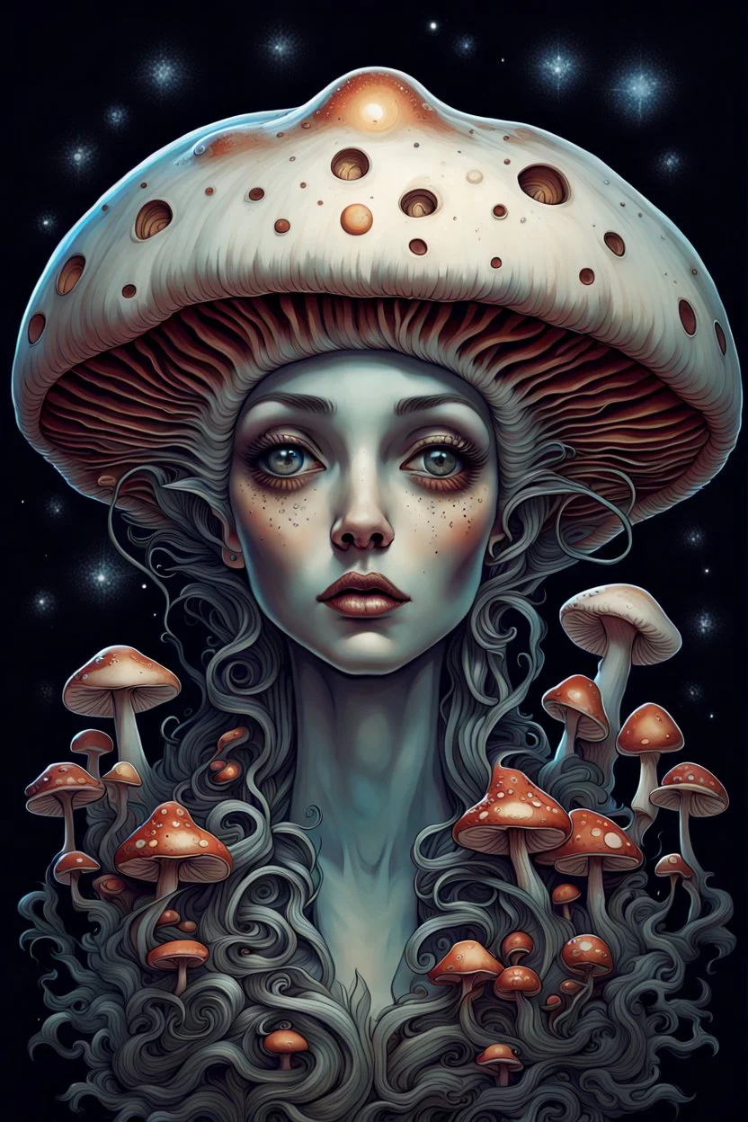 Beautiful portrait rococo mushroom fairy, detailed eyes, realistic features, hq, fungi, celestial, moon, galaxy, stars, by Salvador Dalí, giger, Hieronymus Bosch, victo ngai, fungi, celestial, Ryan Hewett