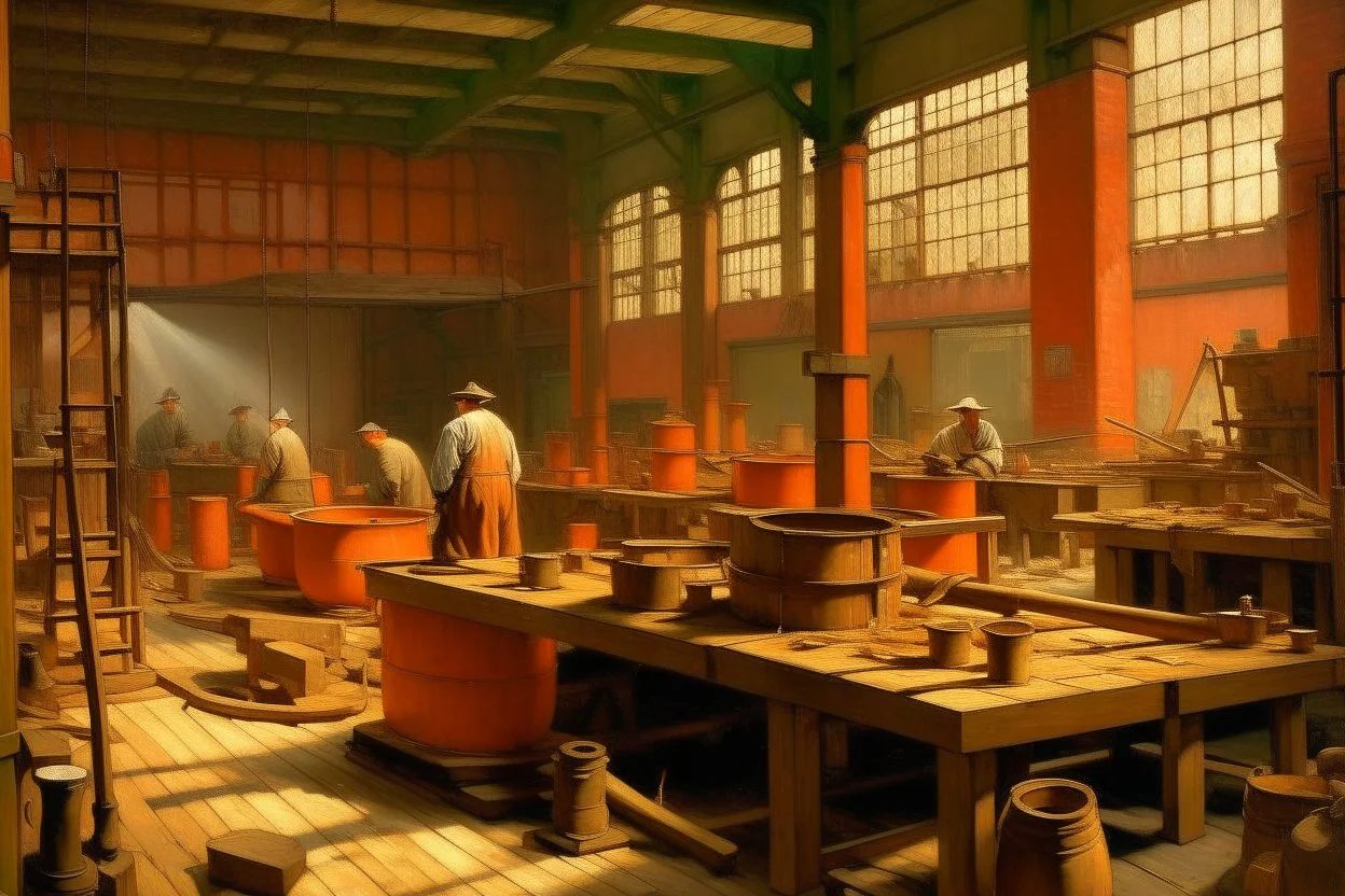 A light rosy orange colored factory with hammers painted by George Inness