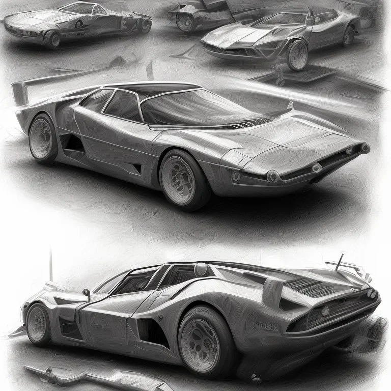 Technical concept study, pencil sketch, single digital, inspired from Vintage Lamborghini car