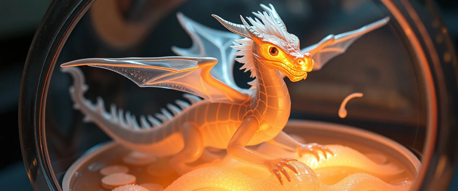 The image depicts a fantastical duck snow soup, specifically a transparent dragon with neon flash aura, with a unique and whimsical appearance. The dragon is positioned in a circular frame, which suggests it might be inside a container or a vessel. The dragon's body is elongated and has a segmented appearance, with a detailed texture that gives it a realistic look. Its head is covered with white, spiky hair, adding to its fantastical charm. The dragon's wings are large and spread out