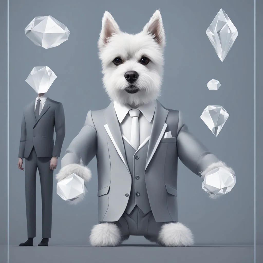 make one realistic business dog that is made of shapes and has a suit on looks a little like crystals with arms