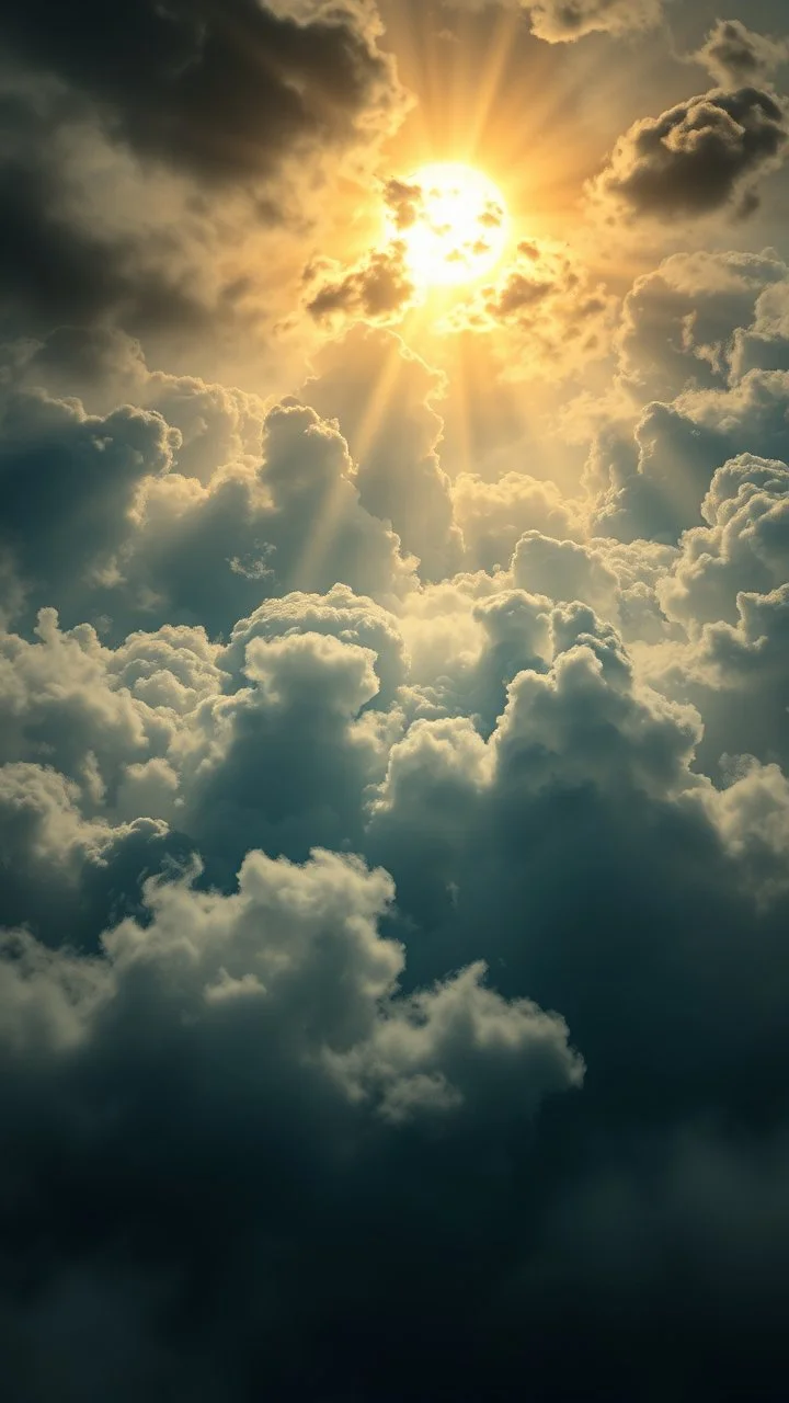 Sun light above swirling clouds, emerges from the heart of a raging storm. Turbulent winds of steam swirl around lit by shafts of sunlight that cast dramatic shadows on the A beautiful apple , High quality 16k cinematic scene and great photography