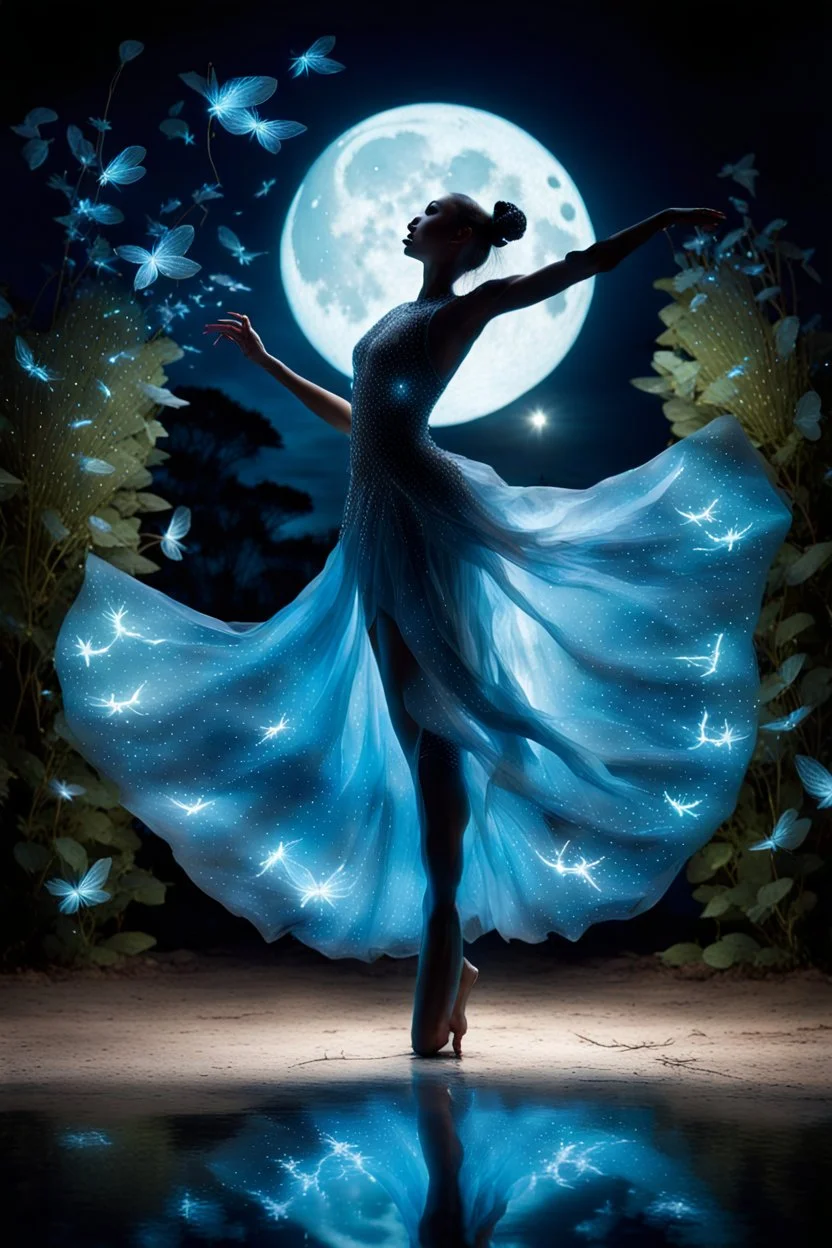 a stunning detalied surreal image where a dancer's dress transforms into a silver and Bioluminescent lihght capturing the elegance and etheraly of dance, the background is a cracked , ruined nightly garden with plants siluettes, and little fireflies, dark night, full shiny moon, stunning, masterpeace